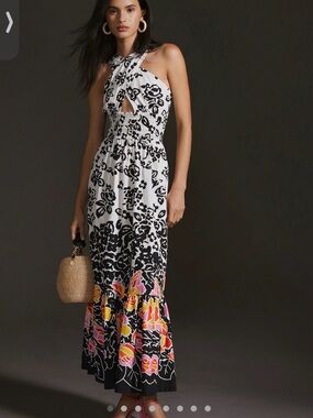 NWT Plenty by Tracy Reese Black & White Maxi Dress with Colorful Hem